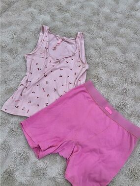 SKIMS Pink Cherry Ribbed Tank and Hot Pink Ribbed Shorts Sleep Set